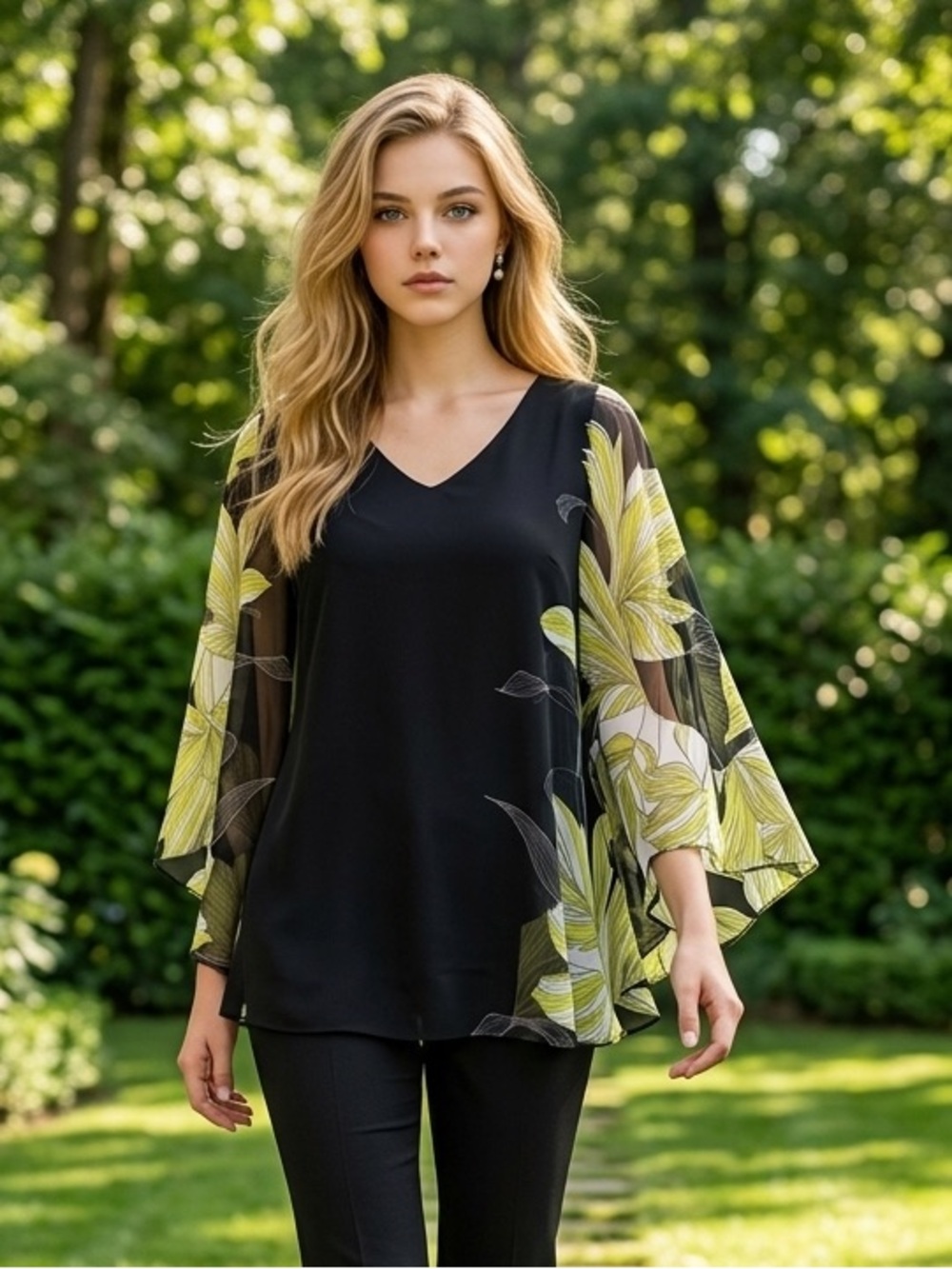 Joseph Ribkoff Black and Green Angel Wing Blouse